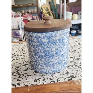 Blue and White Spongeware Canister with Wooden Lid